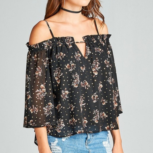 NEW Floral Off The Shoulder Chiffon Top | Black - Picture 3 of 5